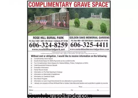 East Ashland Memorial Gardens/Rose Hill Burial Park Complimentary Grave Sapce